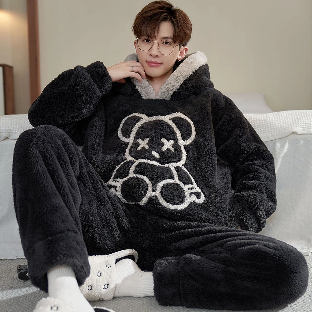 大码男士睡衣冬季加厚珊瑚绒连帽青少年法兰绒家居服小熊套装秋冬