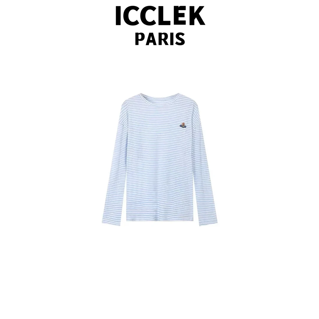 ICCLEK 蓝色圆领条纹刺绣长袖T恤百搭时尚慵懒宽松显瘦上衣 -5497