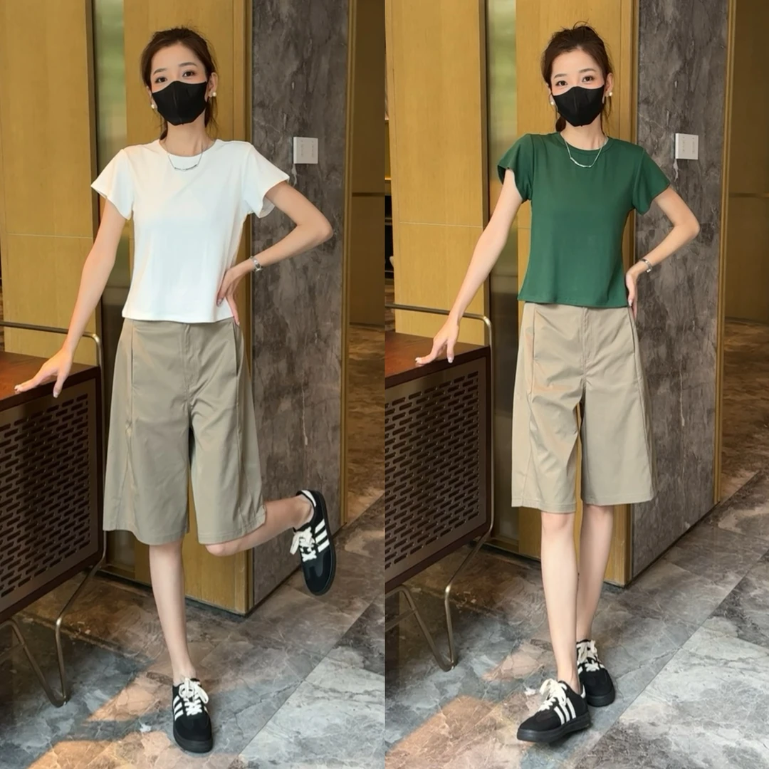 【wenwen】纯色百搭圆领短袖修身T恤＋美式百搭阔腿五分裤两件套