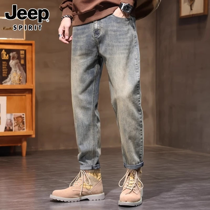 JEEPSPIRIT新款男士秋季复古直筒牛仔裤美式宽松长裤水洗棉质