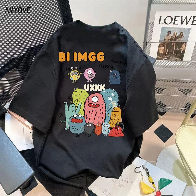 小众卡通印花短袖t恤女夏季休闲宽松半袖上衣ins潮男生衣服高级感