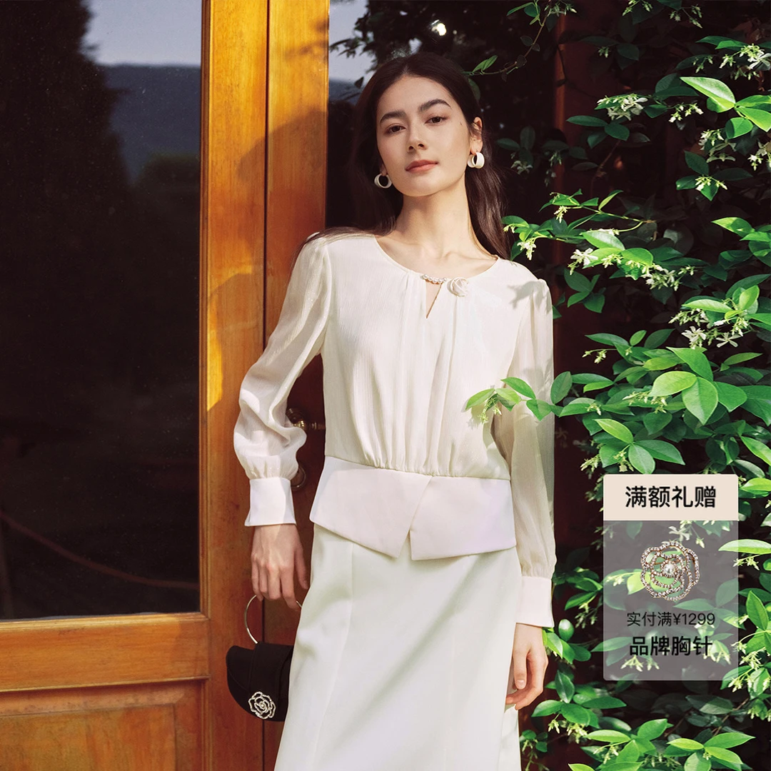 礼服料「流光风」珂莱蒂尔商场同款上衣时尚薄纱玫瑰拼接设计衬衫