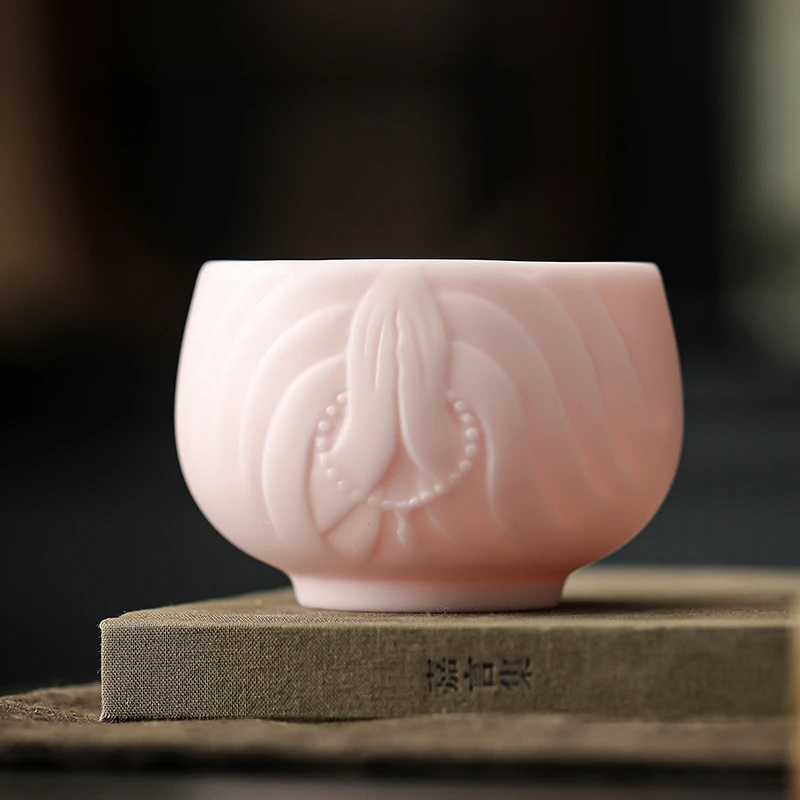 粉色冰种玉瓷佛手杯主人杯
