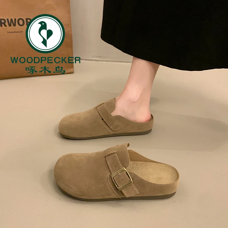 啄木鸟软底勃肯鞋女厚底拖鞋外穿2025秋新款一脚蹬博肯包头半拖鞋