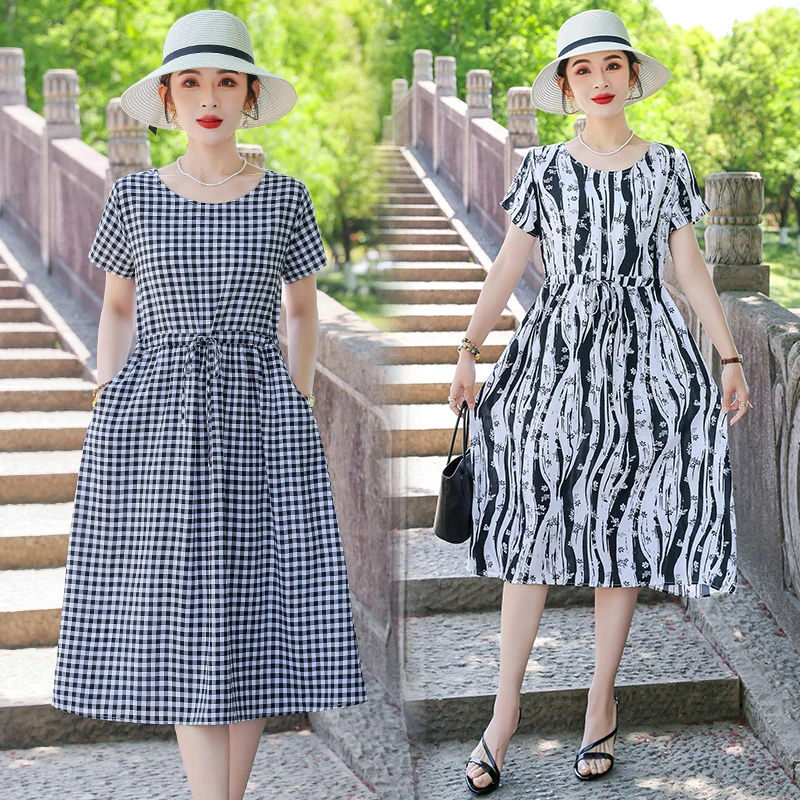 棉绸格子连衣裙女夏季宽松中长款收腰显瘦短袖气质大码人造棉裙子