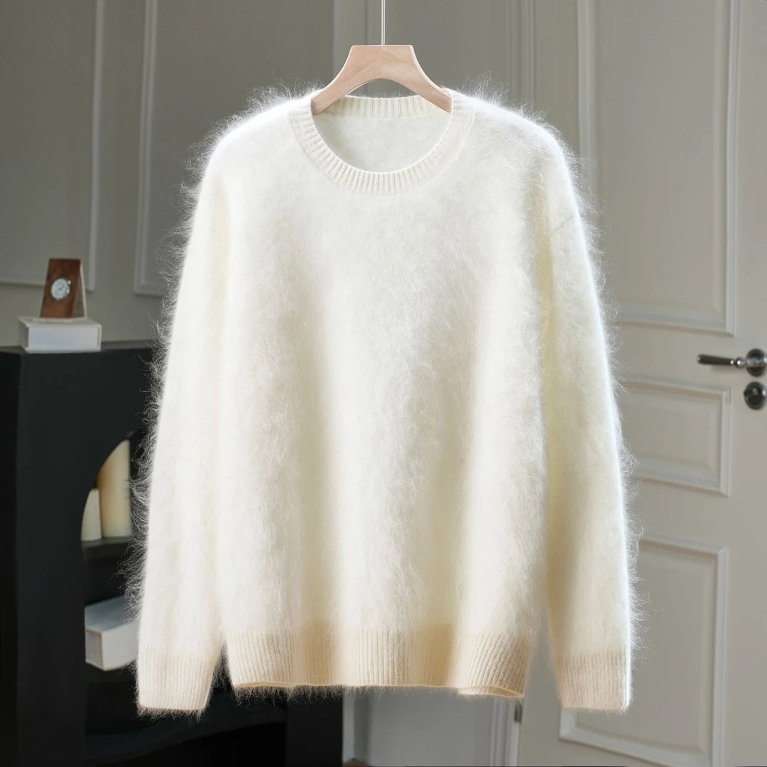 100%羊绒拉绒圆领打底衫纯色保暖气质百搭轻奢宽松简约秋冬针织