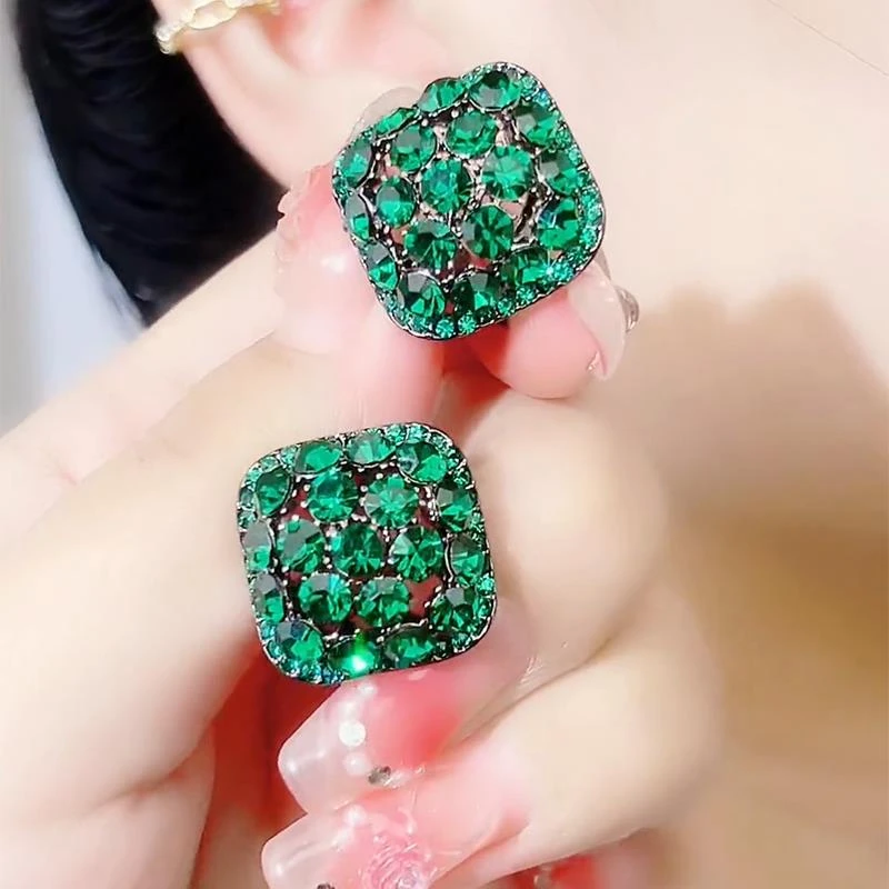 925银耳饰 防过敏精致年新款潮气质方形绿色耳钉时尚女神范设计感