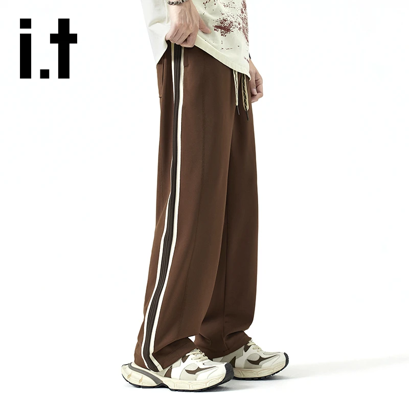 it izzue潮流条纹阔腿针织裤男士夏季新款宽松百搭垂感直筒休闲裤