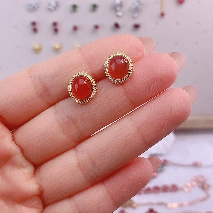 南红玛瑙耳饰银S925镀金镶嵌770