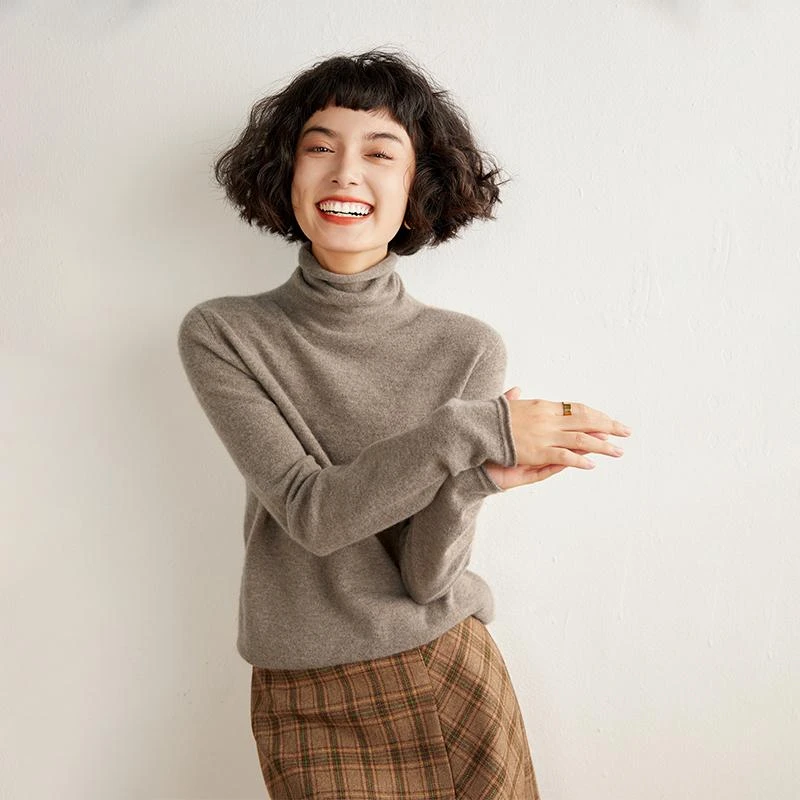 一线成型~无缝堆堆领山羊绒女软糯高领宽松套头针织打底衫