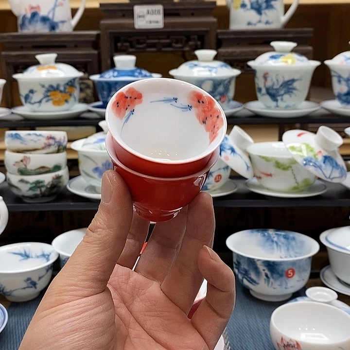 手绘微瑕红色杯子2个装