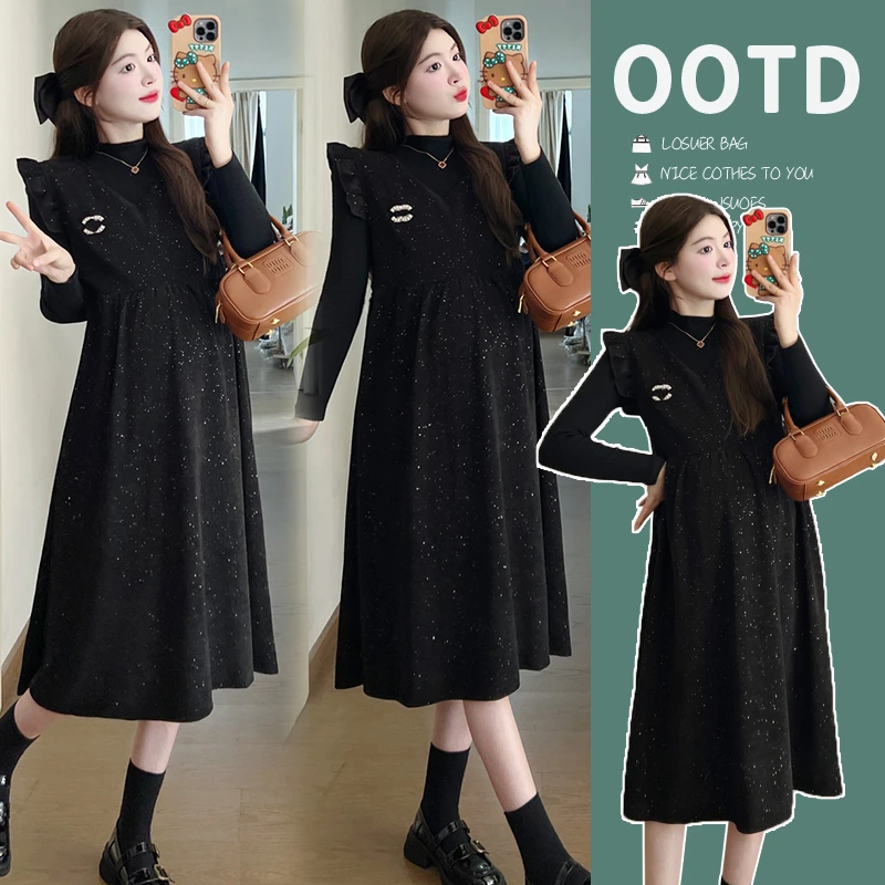 孕妇连衣裙春秋上衣小香风洋气气质新款孕妇宽松中长款显瘦连衣裙