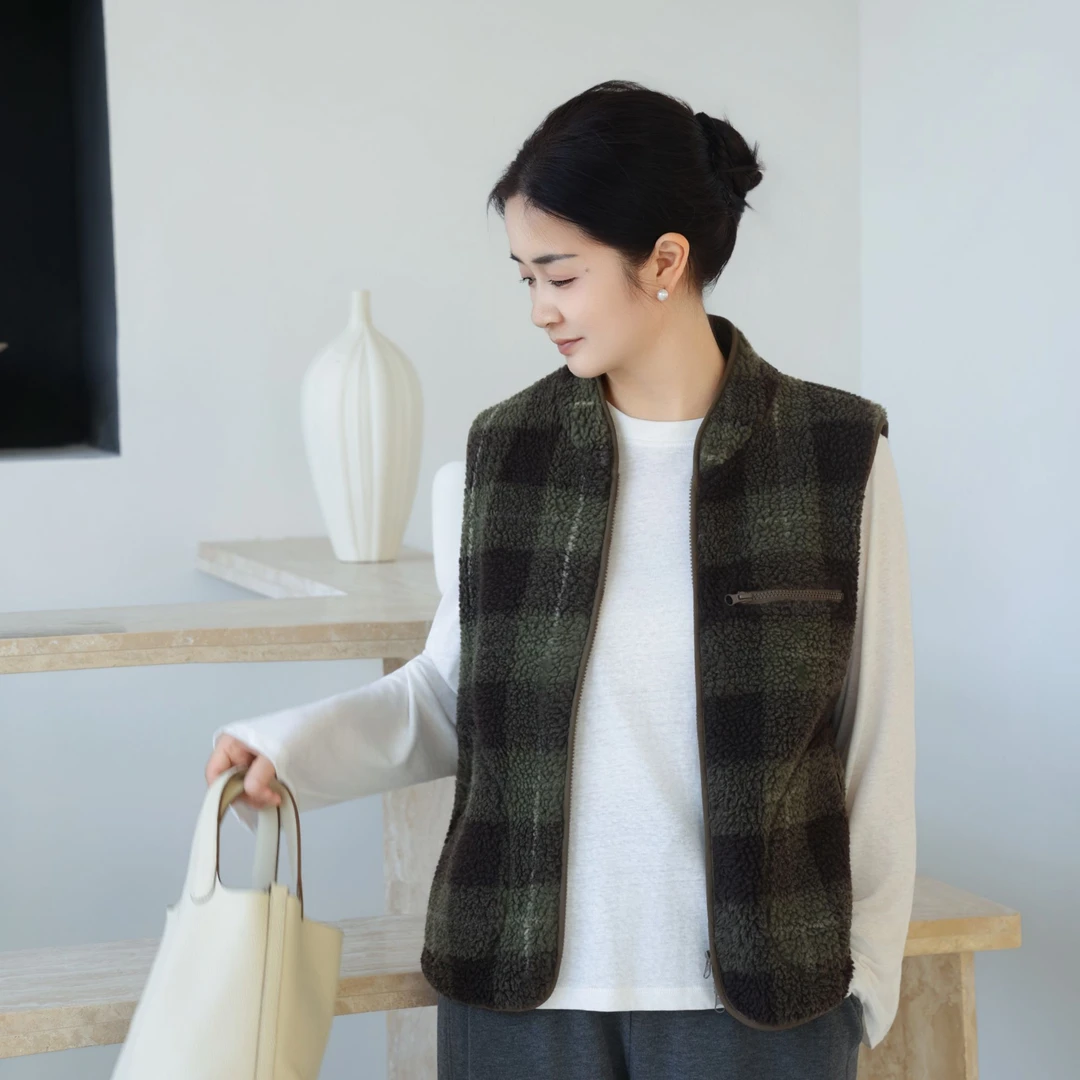麻享【森系格纹马甲】复古时髦秋冬摇粒绒马夹女士无袖上衣FSY51088