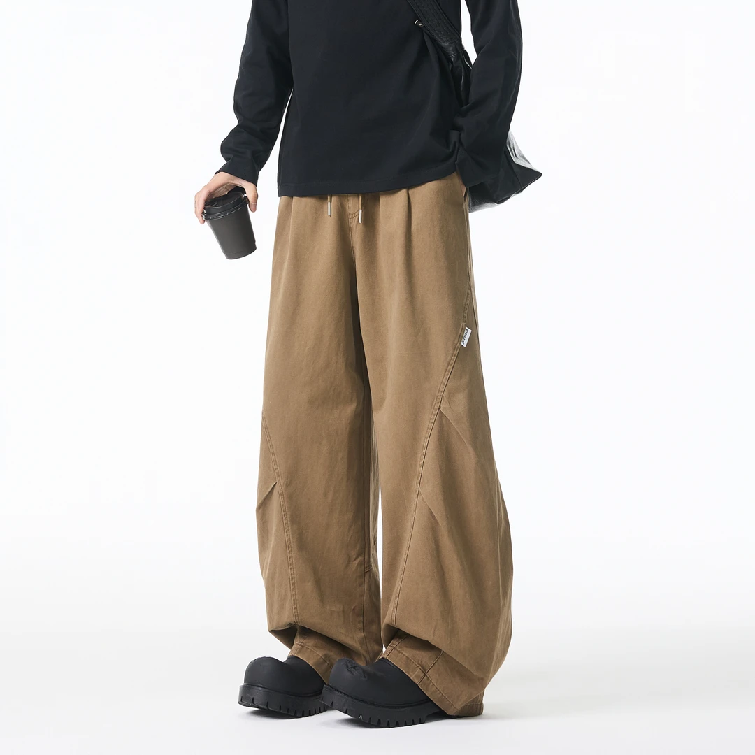 新款褶皱弯刀休闲裤春夏季男生百搭宽松潮流美式复古高街抽绳日系