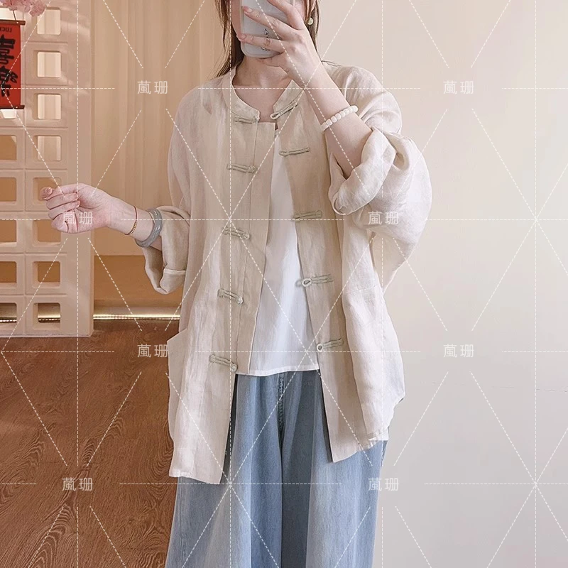 【静心】夏季百搭斜纹苎麻盘扣米色开衫防晒服 51535