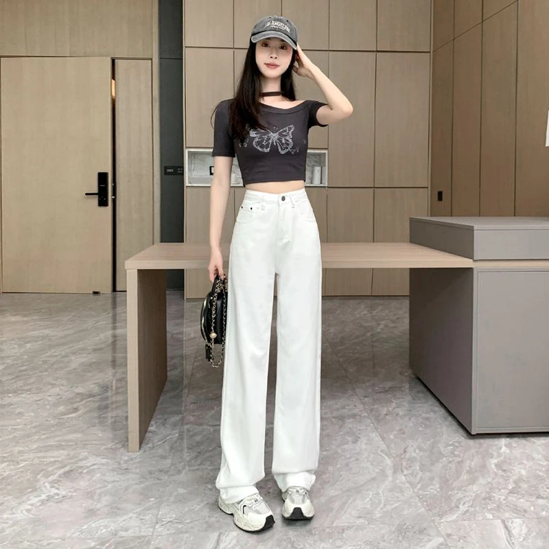 新款轻奢爆款白色高街阔腿拖地牛仔裤裤子女高腰时尚牛仔阔腿女孩