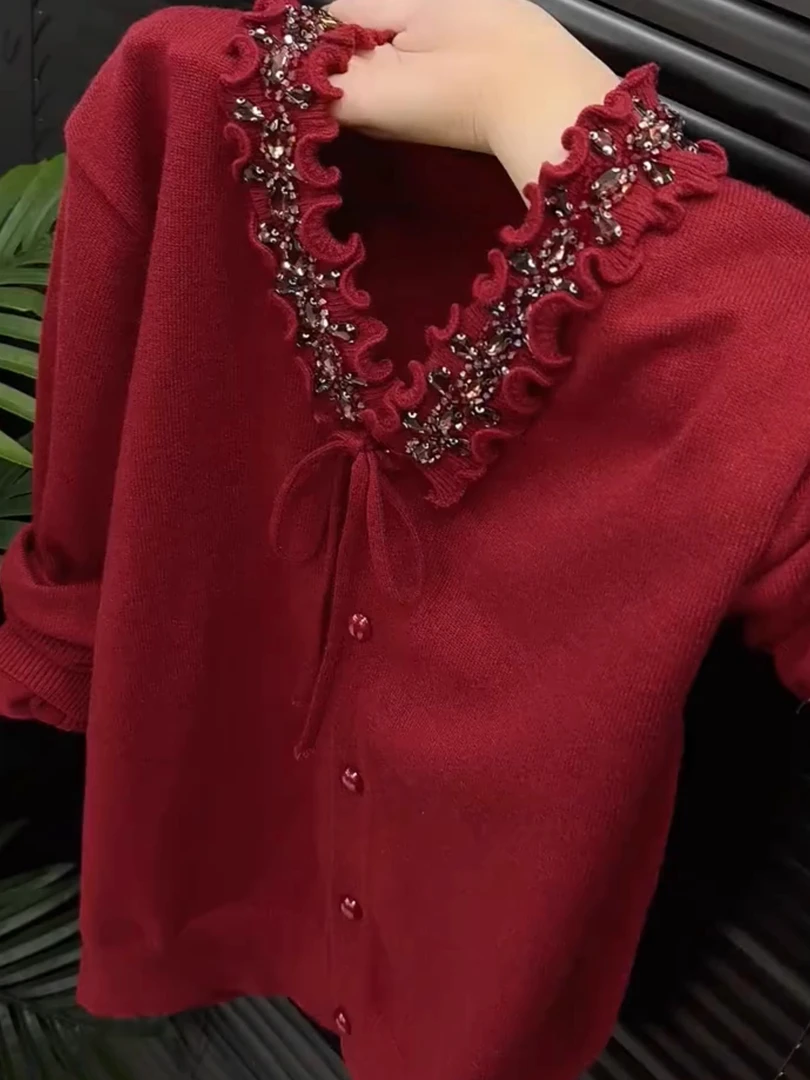 2025秋款复古风红色针织衫女木耳边系带大码V领修身显瘦小众上衣