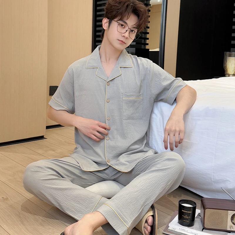 男士睡衣夏季开衫短袖长裤大码宽松夏天家居服薄款套装3060