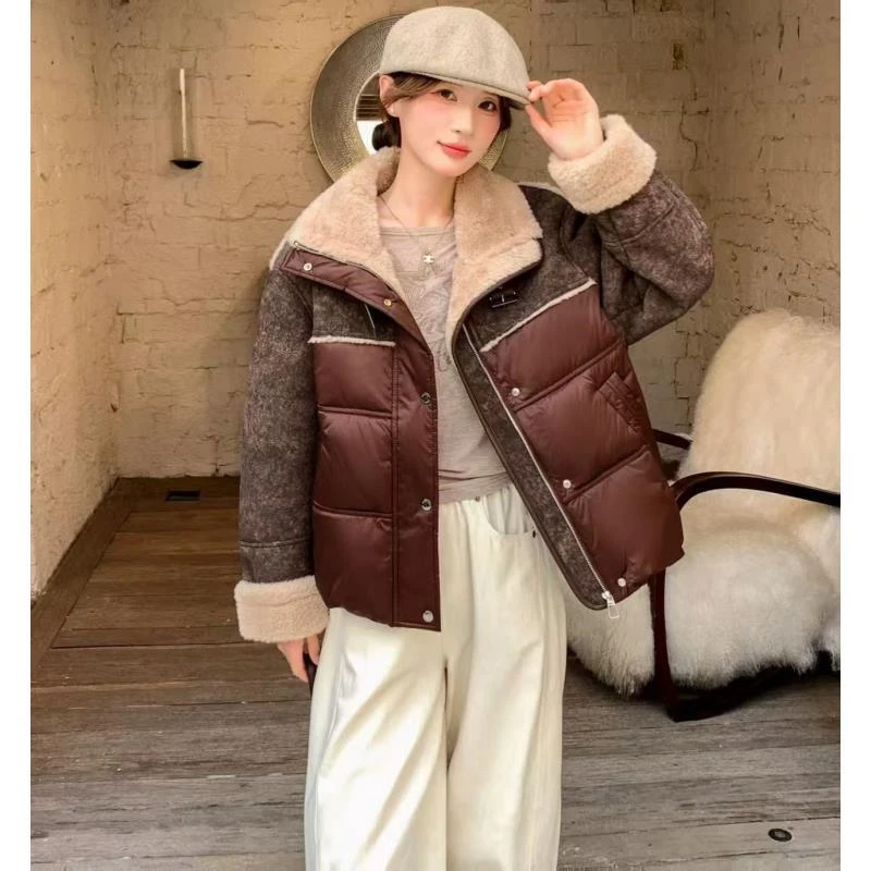 【D966】韩版立领皮毛拼接羽绒服女短款白鸭绒时尚减龄保暖外套