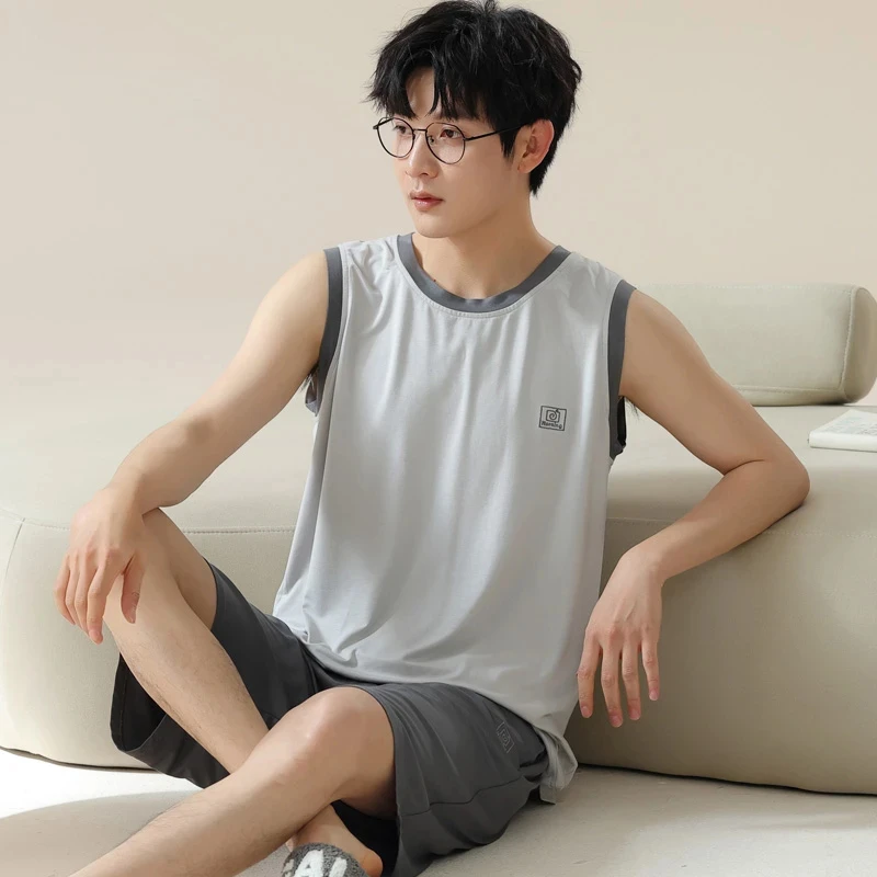 夏天莫代尔男士睡衣男款夏季冰丝凉感宽松无袖简约款背心短裤套装