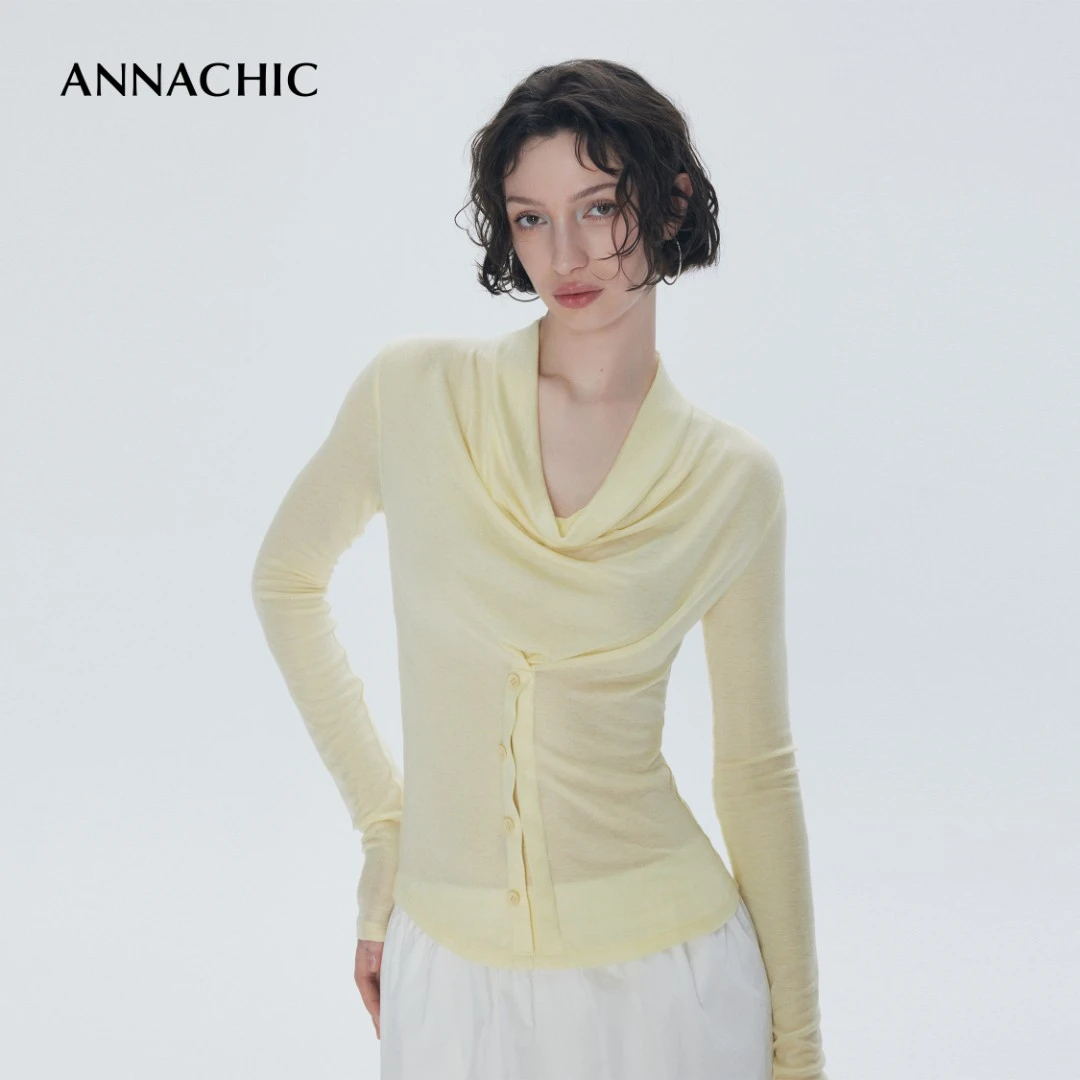 ANNACHIC曼妙线条_时髦荡领长袖T恤_肤感轻透_修身打底针织上衣