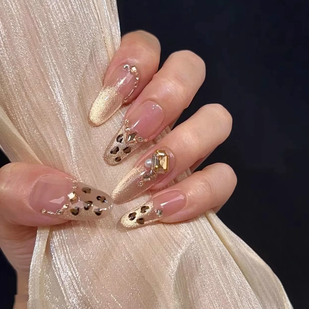 金钱豹纯手工穿戴甲高颜值显白纯欲中长款气质爆闪猫眼高质量高级