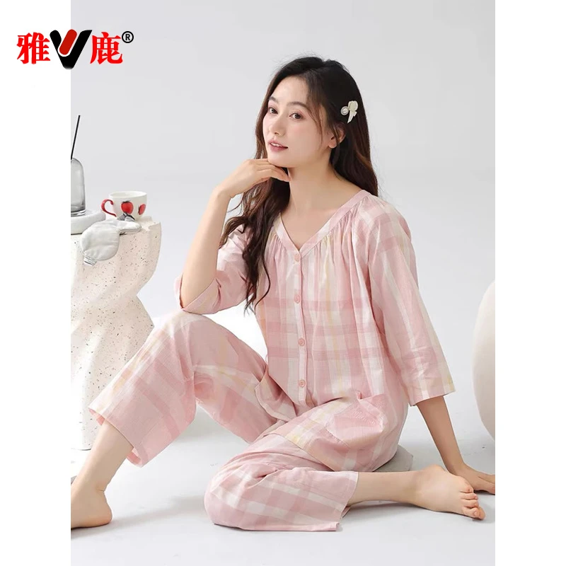 雅鹿睡衣女款爆款2025年新款纯棉短袖七分袖九分裤夏季家居服套装