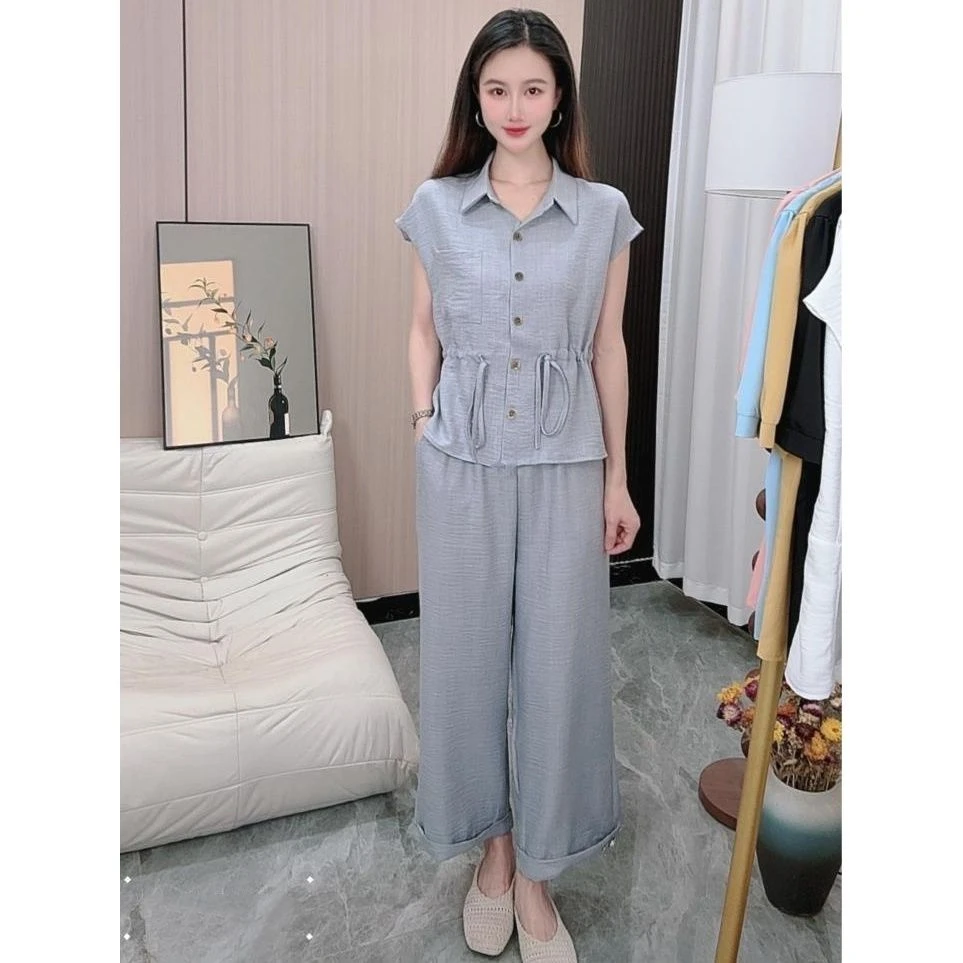 2025年夏季新款气质麻感设计感开衫短袖衬衫九分裤OL风套装女上衣