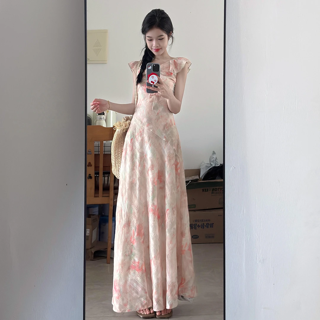 夏季新款荷叶边小飞袖粉色碎花连衣裙子女法式海边度假长裙4080