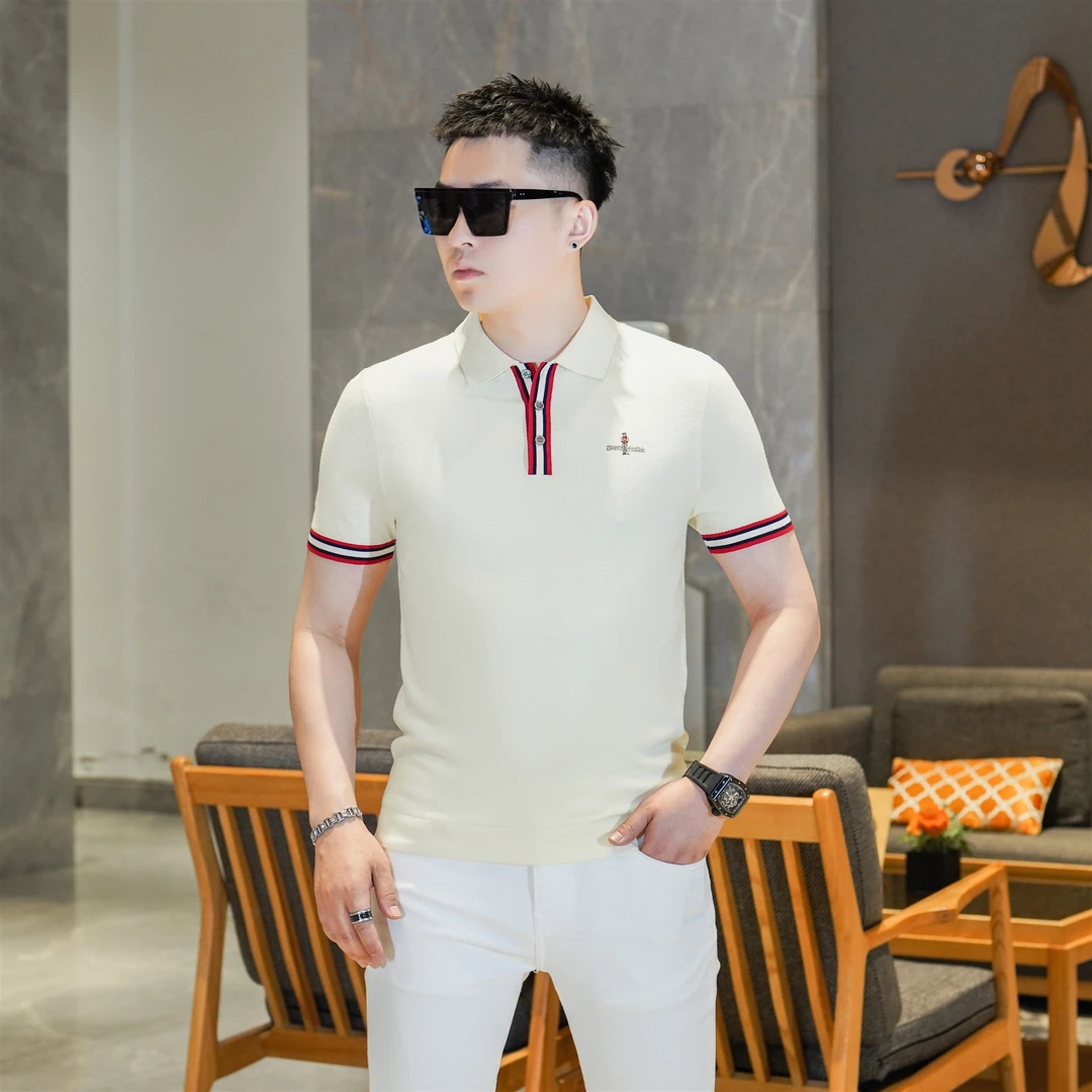 2025秋季新款男士高级感米色时尚休闲厚款针织半袖T恤POLO衫GL072