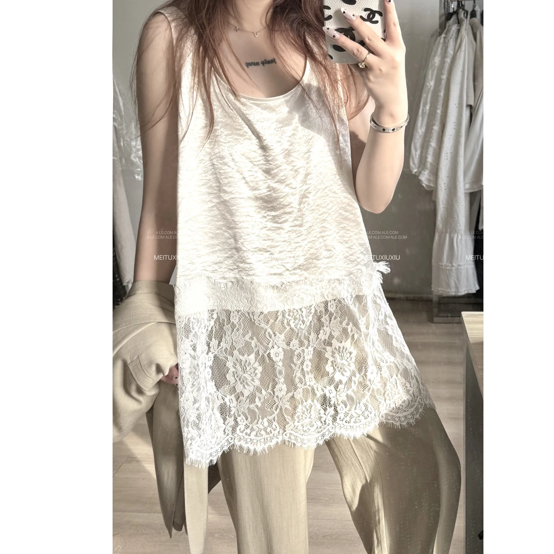 【阿乐家】大码微胖“可甜可盐”小众蕾丝下摆拼接叠穿无袖背心