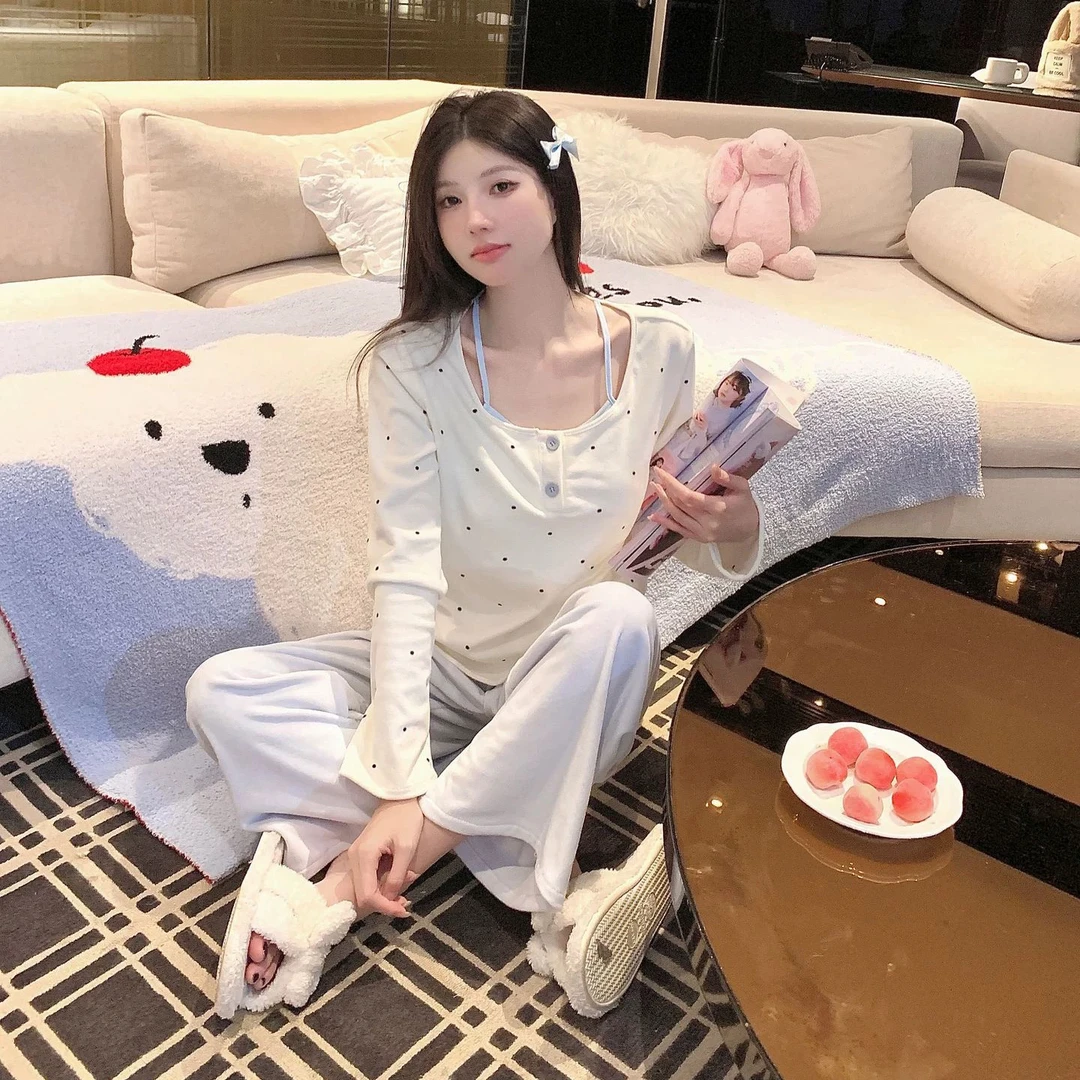 波点双面海岛绒冬季睡衣女秋冬新款套头保暖加厚气质带胸垫两件套