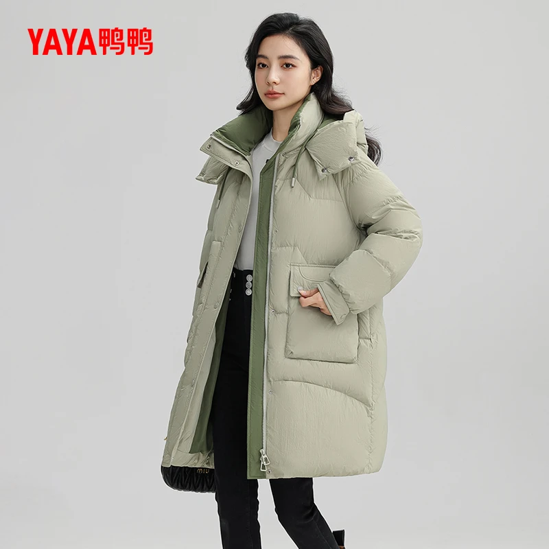 YAYA/鸭鸭YX冬季中长款时尚百搭连帽加厚鸭绒保暖外套YE4B607152H