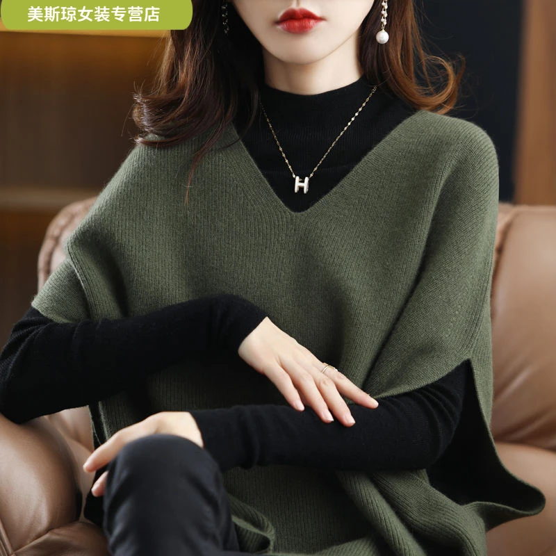 ll针织衫马甲毛衣女背心春秋冬季新款蝙蝠袖v领坎肩宽松慵懒风ll