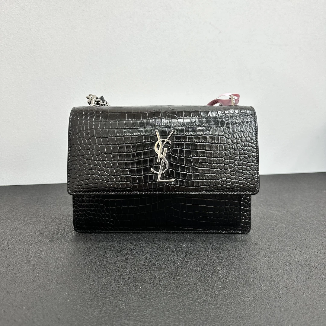 99新 YSL/圣罗兰 壹所奢品、YSL 日落 鳄压纹 中号 黑银 单肩包