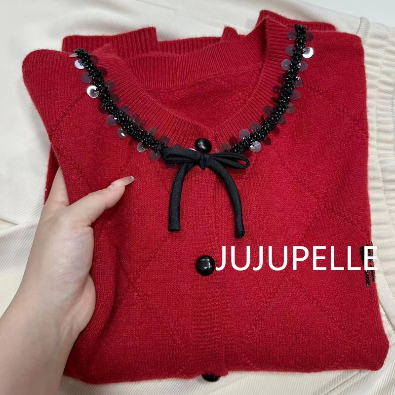 蝴蝶结开衫~2024新款甜美风新中式拜年服毛衣针织衫女内搭上衣