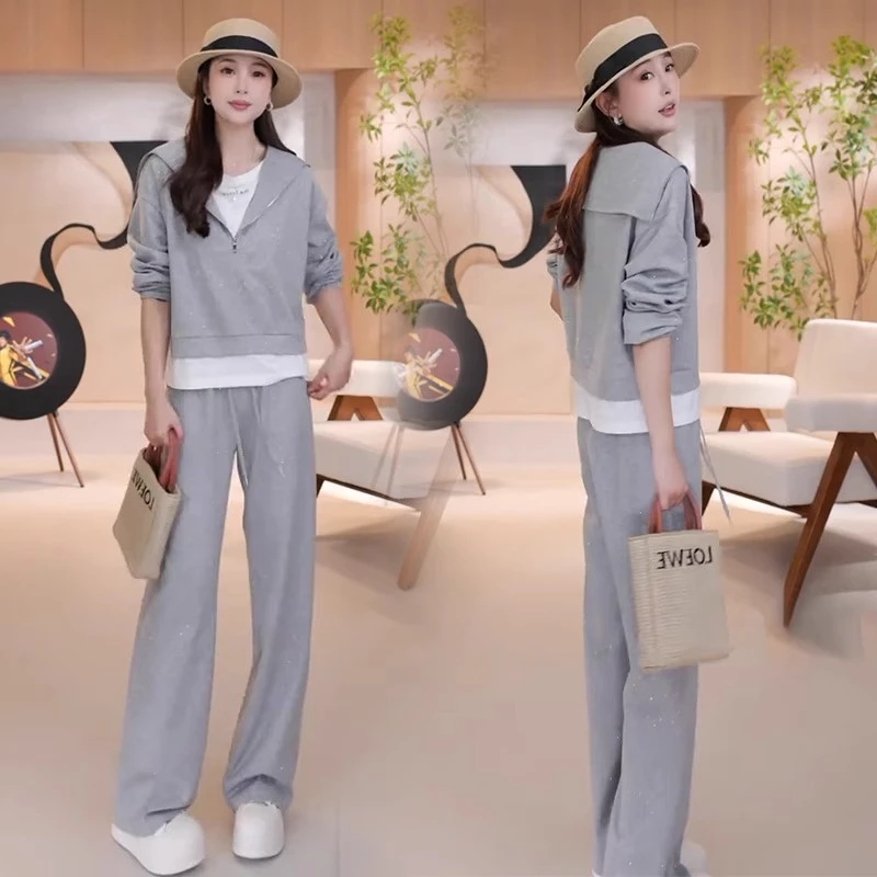 洋气显瘦时尚休闲套装女2025春季新款假两件卫衣减龄阔腿裤两件套