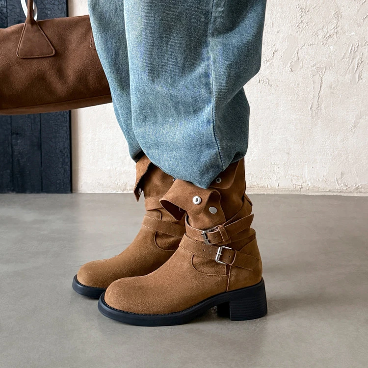 牛皮版~圆头粗跟3CM马丁靴女秋冬美拉德粗跟靴子厚底扣带短靴