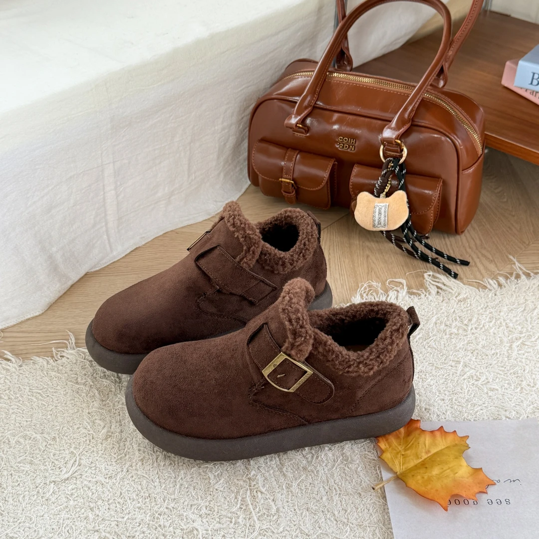 厚底加绒勃肯鞋女冬季2025新款雪地靴保暖毛毛鞋乐福鞋魔术贴棉鞋