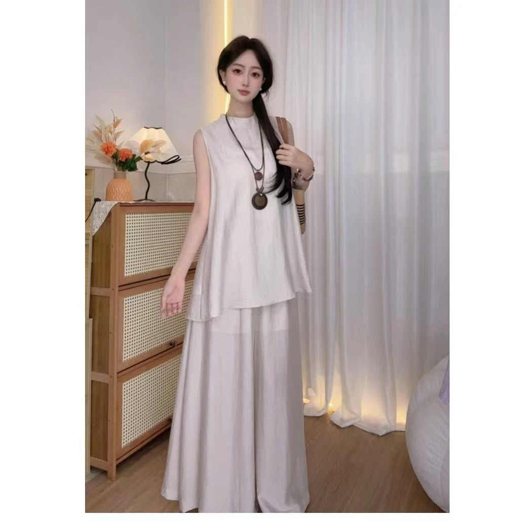 夏季新款女小个子松弛感穿搭休闲套装无袖背心高腰阔腿裙裤两件套