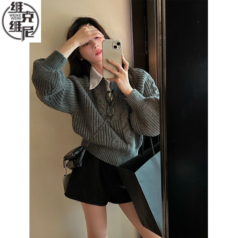 假两件毛衣女秋冬设计感小众拼接衬衫翻领宽松外穿加厚针织衫上衣