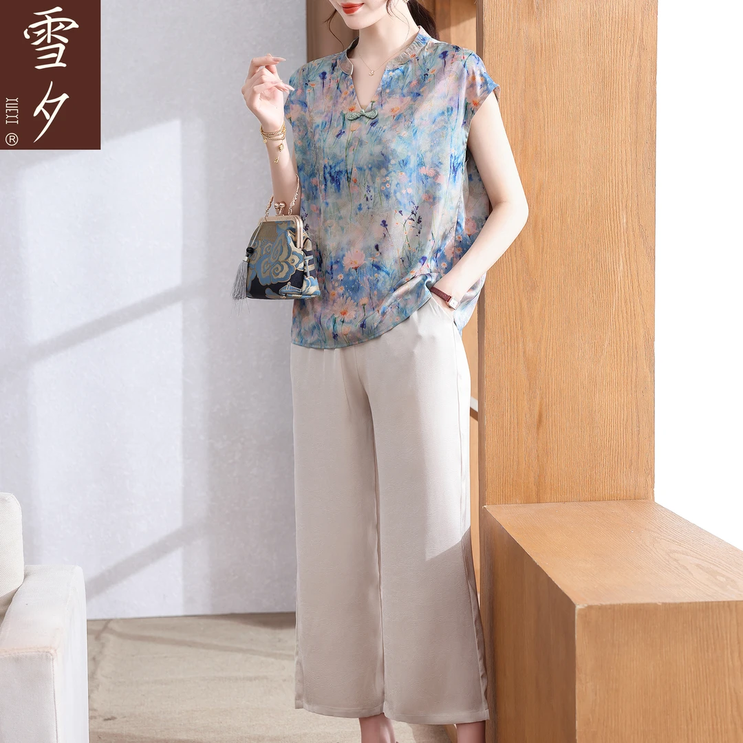 雪夕妈妈夏装2025新款短袖雪纺小衫中老年女国风上衣阔腿裤两件套