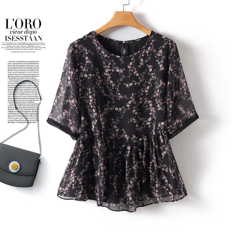 乔其纱碎花真丝短袖上衣女衣服遮肉2025夏季新款桑蚕丝t恤小衫