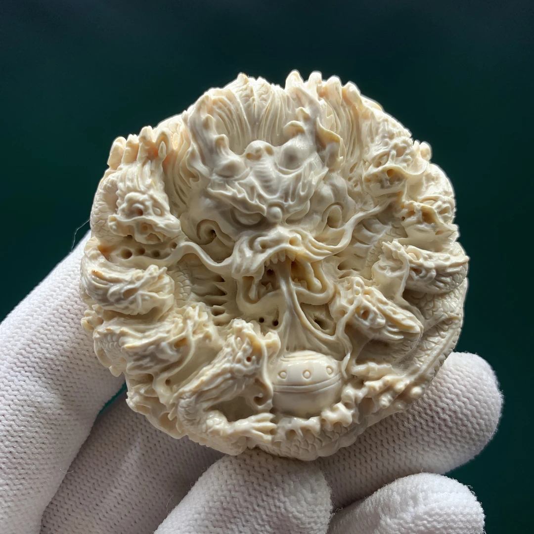 【四六儿】猛犸象牙龙牌九龙戏珠圆牌手把件5A肉芯料全品一等冰料