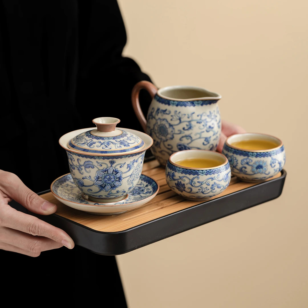 汝窑功夫茶具一壶二杯中式复古泡茶专用盖碗茶杯一人饮喝茶小套装