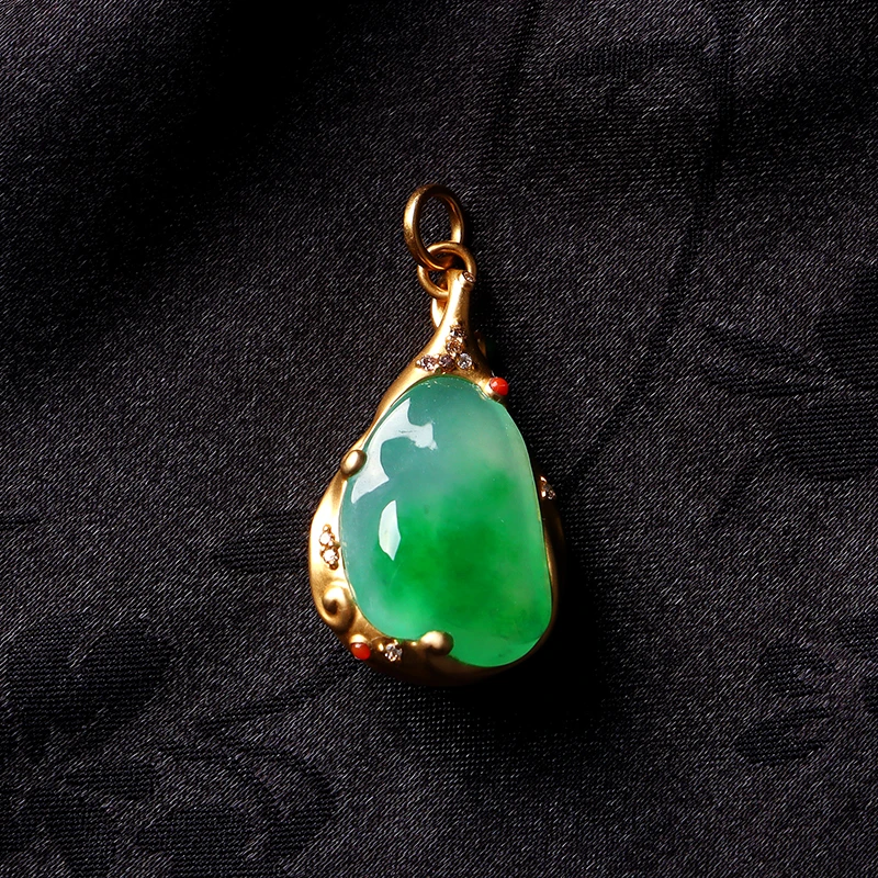 名玉艺术【绿宝福袋】天然缅甸翡翠 18K金镶嵌 冰种阳绿 翡翠吊坠