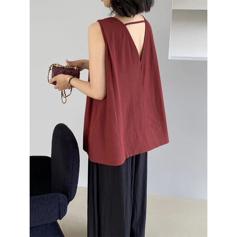 复古红无袖背心女夏外穿高级感老钱风露背砍袖娃娃衫法式小资上衣