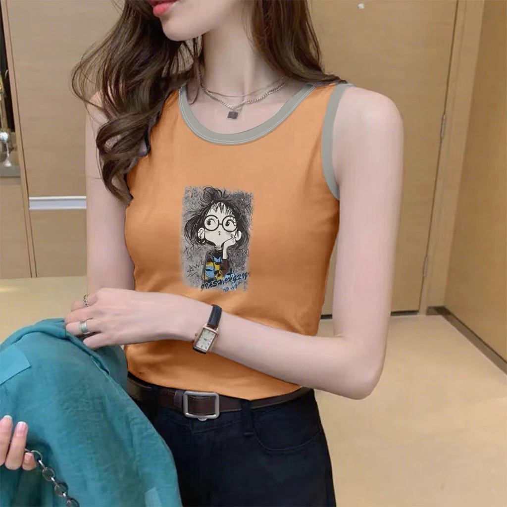 纯棉吊带背心女打底夏季韩版时尚修身显瘦白色印花圆领无袖上衣