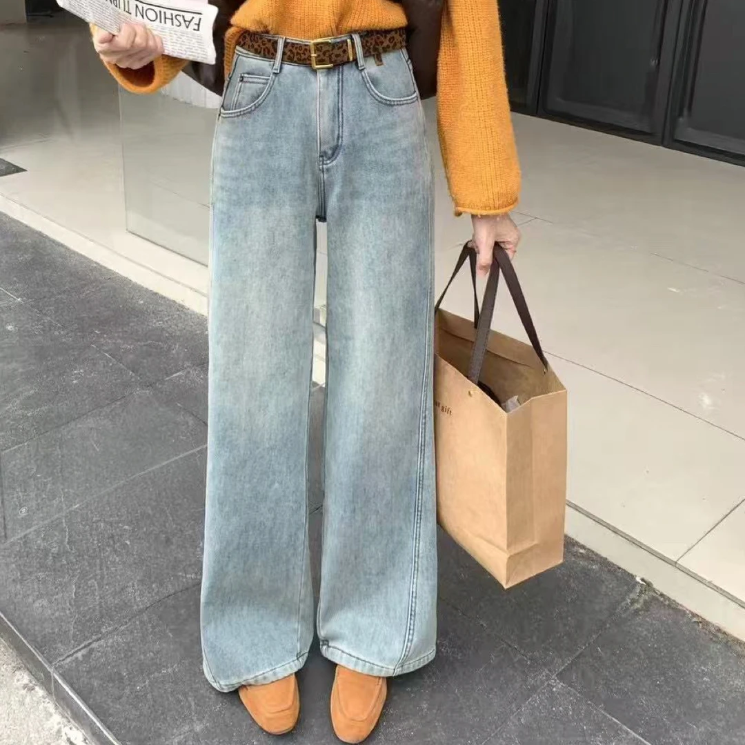 薇莎620【现货】韩版加绒浅蓝阔腿直筒牛仔裤女