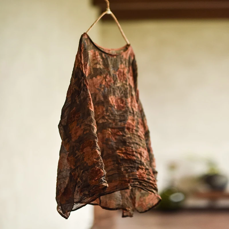 4070数码印花高支轻薄文艺苎麻上衣宽松大码女式衬衫夏季复古风